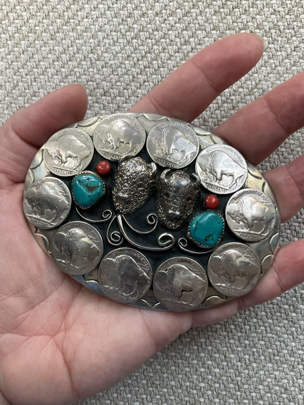 Vintage Belt Buckle, Double Buffalo, 10 Nickel, Turquoise Coral USA Southwestern